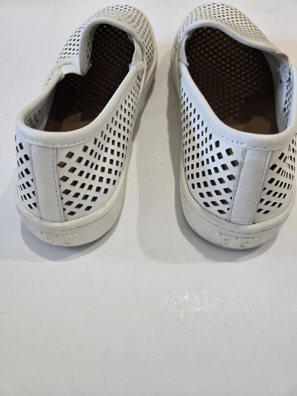 Tory Burch White Perforated Leather Slip-Ons with Brown Insole